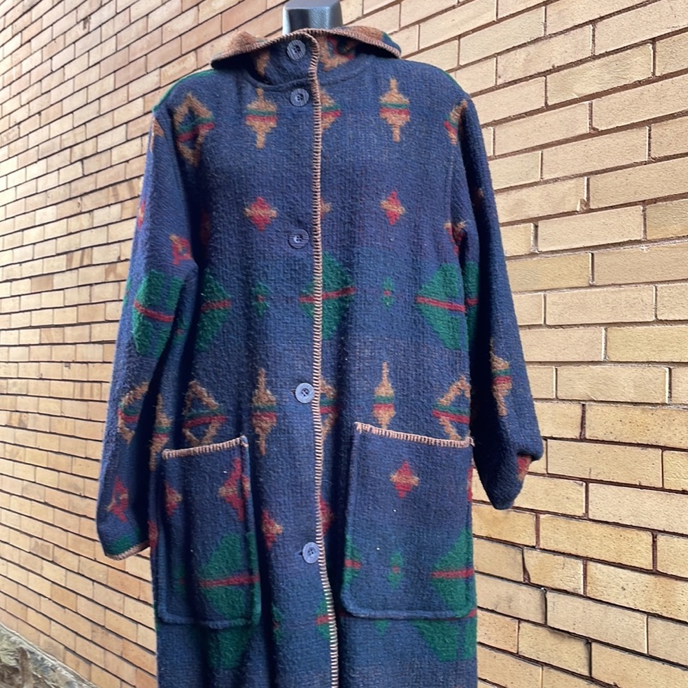 Vintage Woolrich Aztec blanket Hooded Wool Reversible Long Coat Size Large - Picture 7 of 13